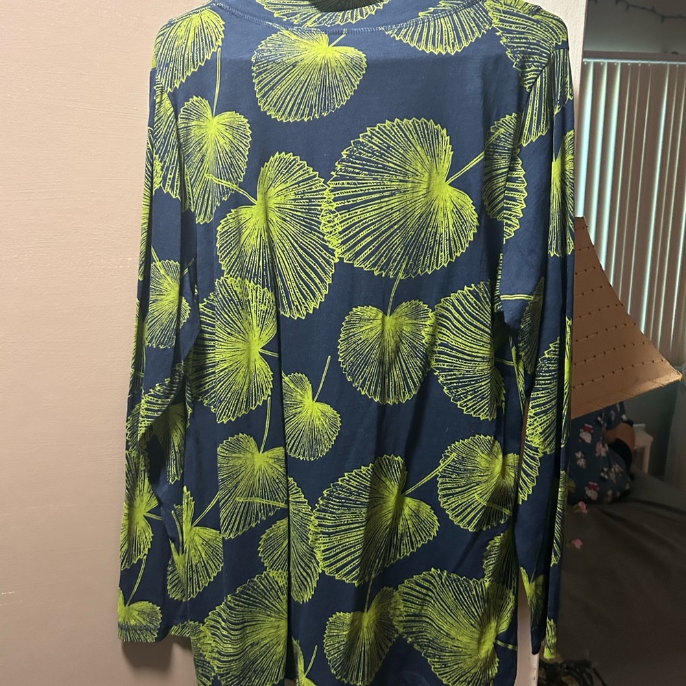 Ulla Popken Green Leaf Print Cotton Turtleneck Top XL NWOT - Picture 3 of 4